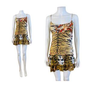 Roberto Cavalli Mini Silk Tiger Coral Print Slip on Ruffle Dress Size XS